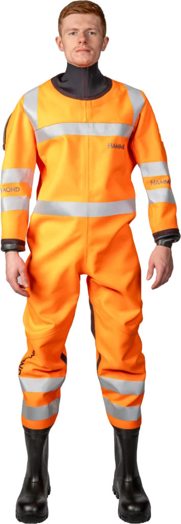 Hammond Industrial Hi-Vis drysuit. Commercial river and lake maintenance drysuit.